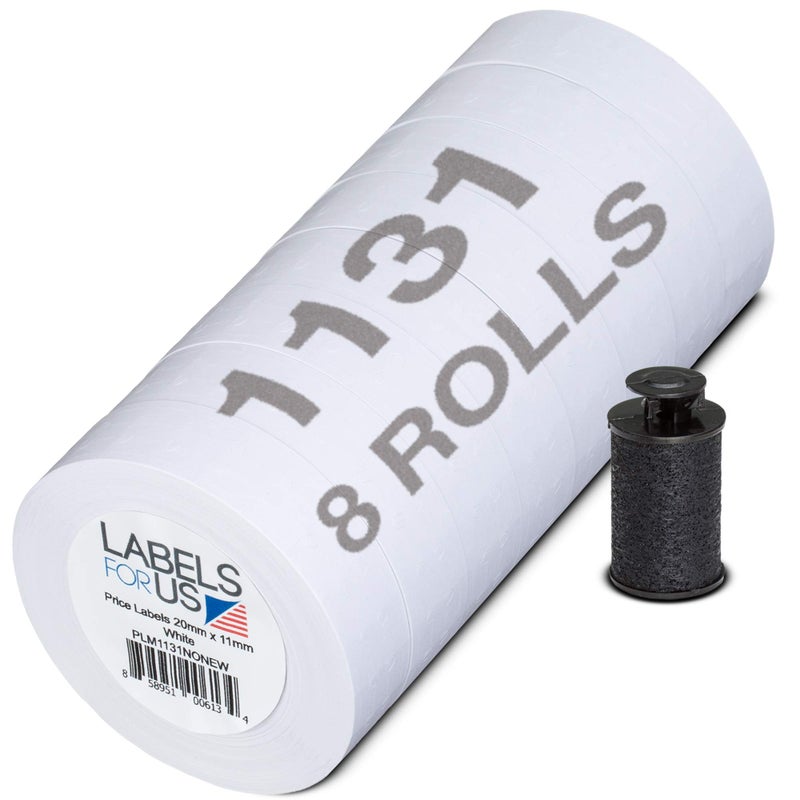 Labels for Us - Price Labels for Monarch 1131 Price Gun - White - 20,000 Labels - Pack with 8 Rolls - Ink Roller Included - Image 1